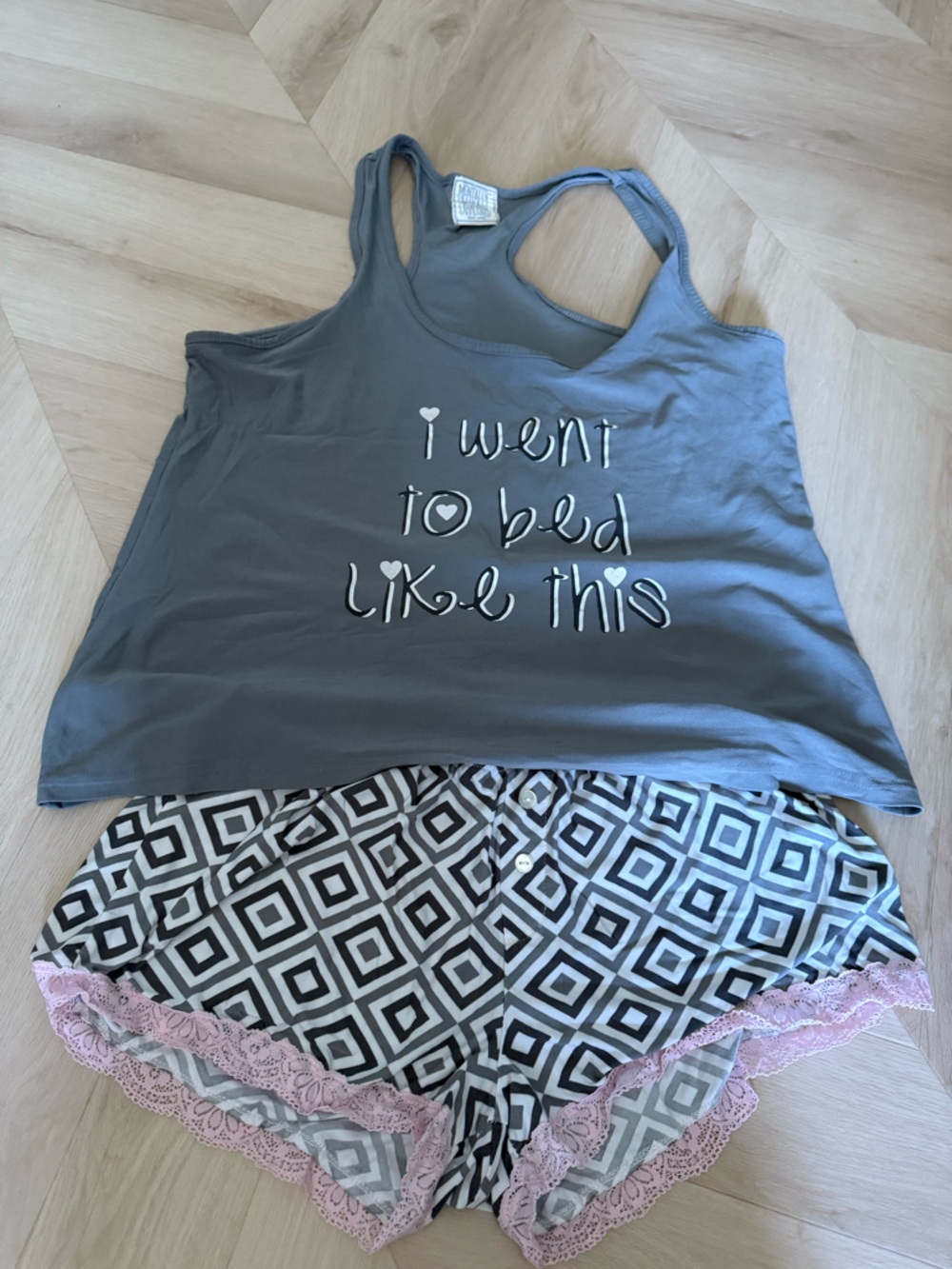 Grey Graphic Racerback Tank & Printed Shorts Pajama Set with Pink Lace